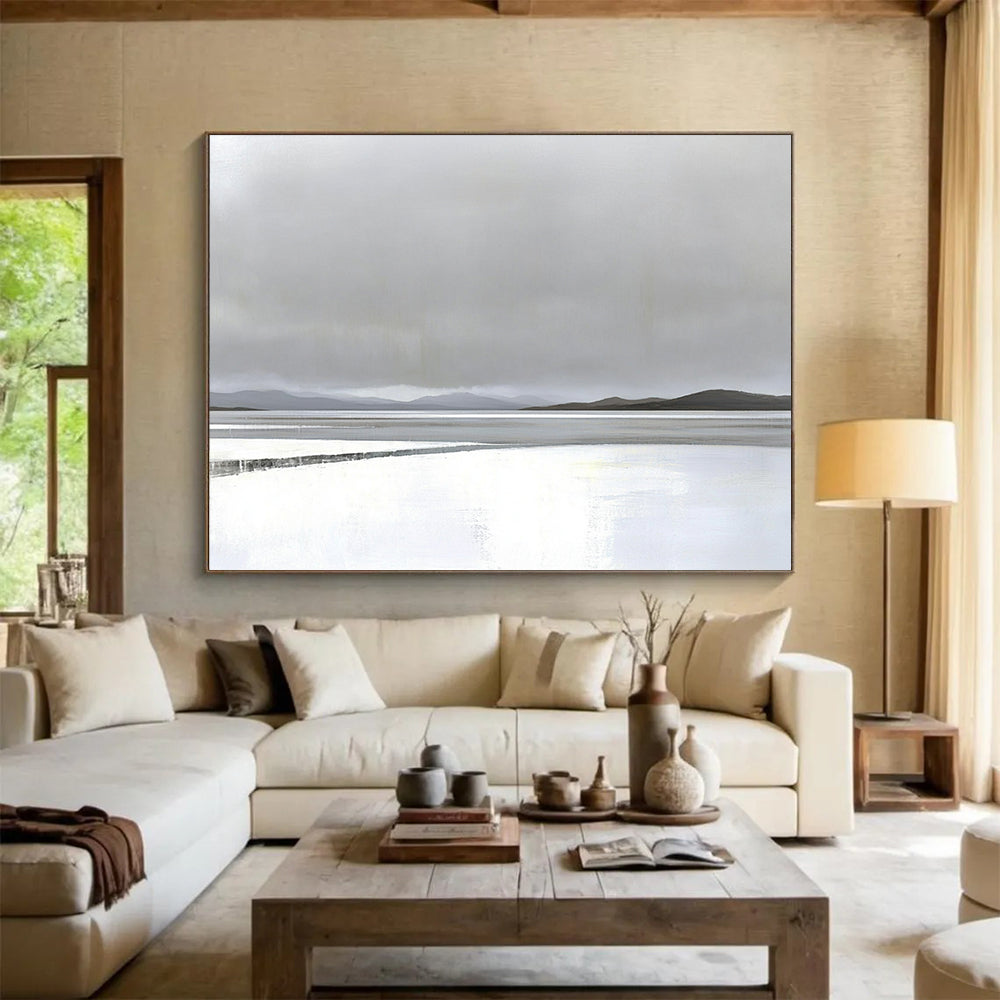 “Misty Lake Landscape” - Gray, white, blue, minimalist, Landscape Painting HB0624