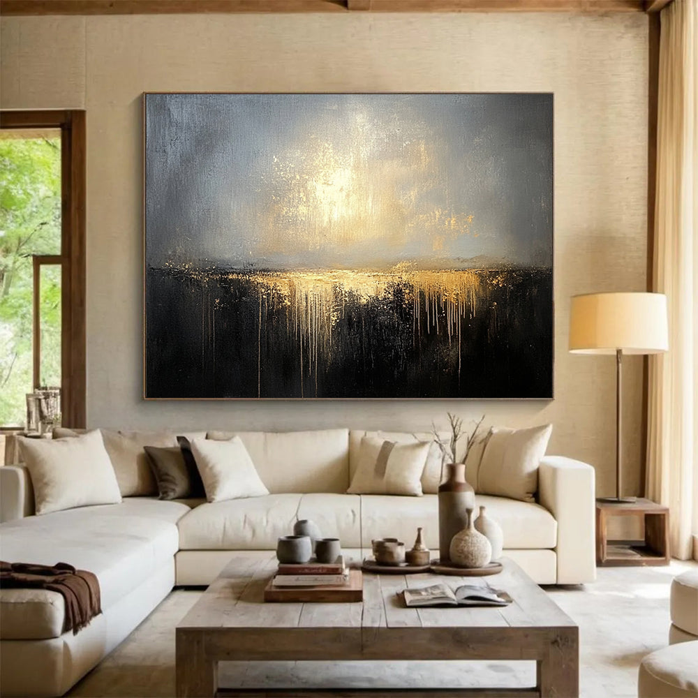 “Gilded Twilight Horizon” - Gray, Gold, Dripping Textures, Abstract Landscape Painting On Canvas HB0896