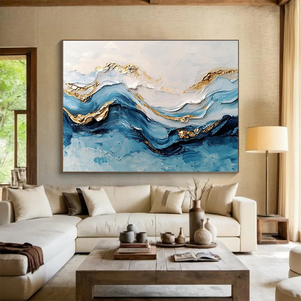 “3D Textured Wave Art” - Blue, White, Gold, 3D Textured Wave Painting On Canvas HB0972