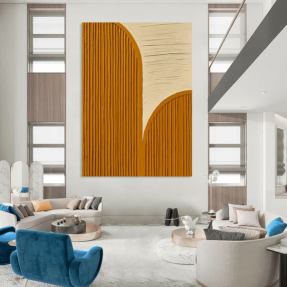Contemporary abstract artwork featuring textured wood grain patterns in yellow and gold against a white backdrop embodying tranquility and harmony. DLZ1345