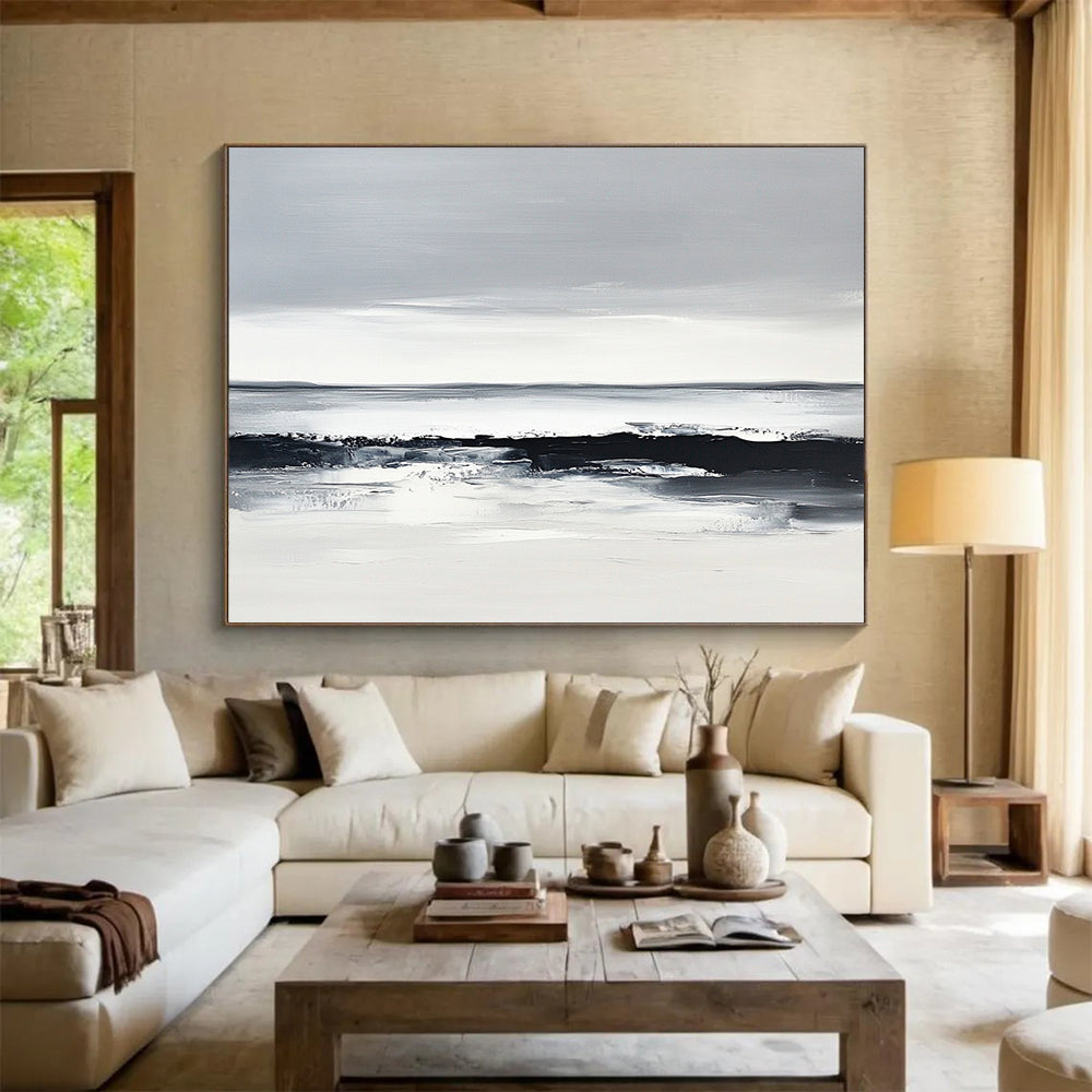 “Monochrome Sea Horizon” - Blacks, Whites, Grays, Sea Landscape - Minimalist Oil Painting HB1588