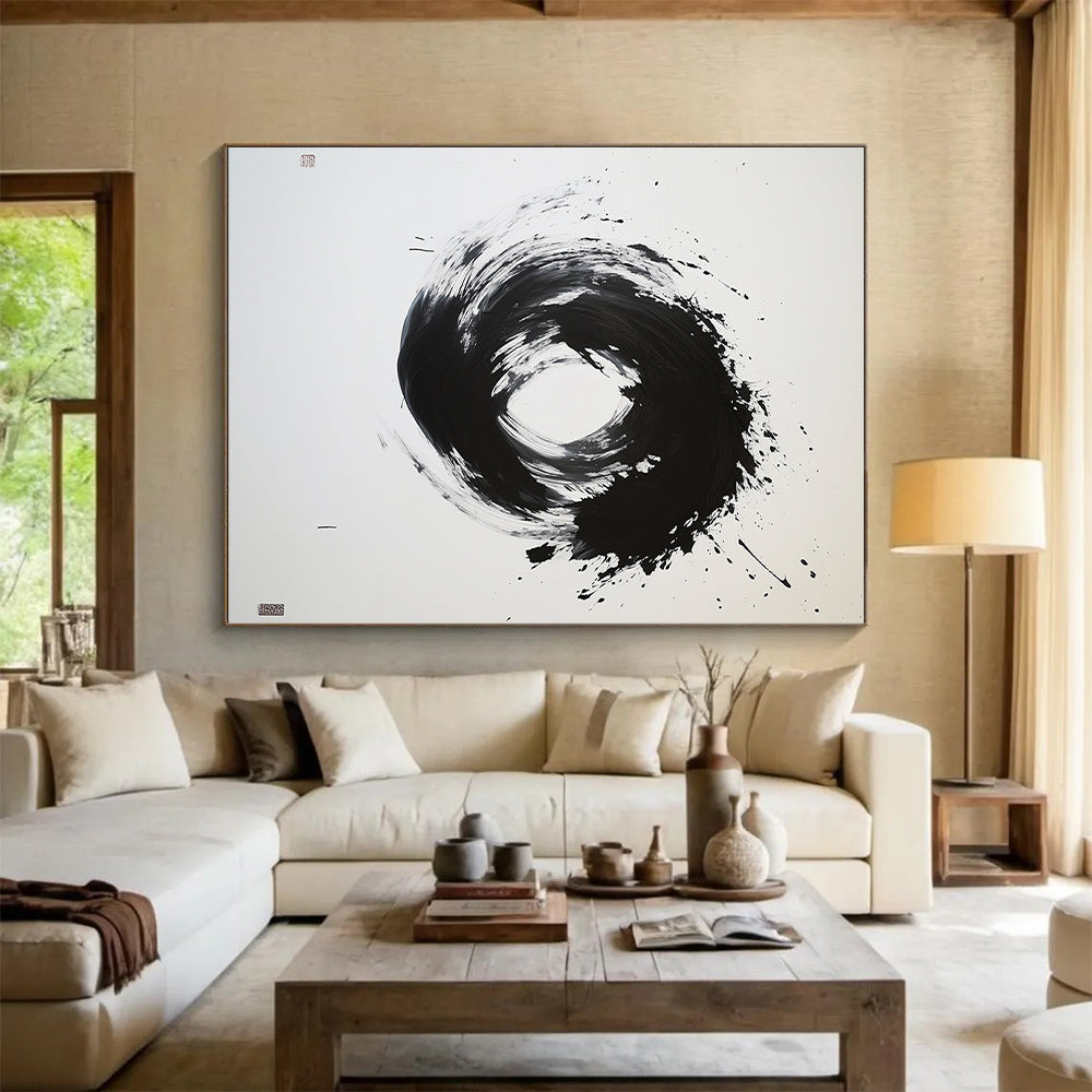 Black and White Splattered Circle "Energetic Enso" Painting On Canvas HB272