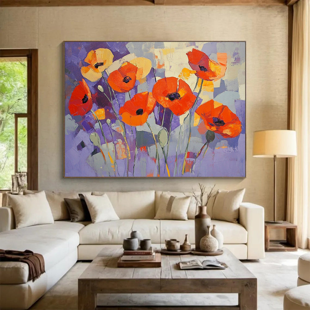 “Purple Poppy Patch” - Purple, Orange, Abstract Flowers - Cubist Oil Painting HB1488