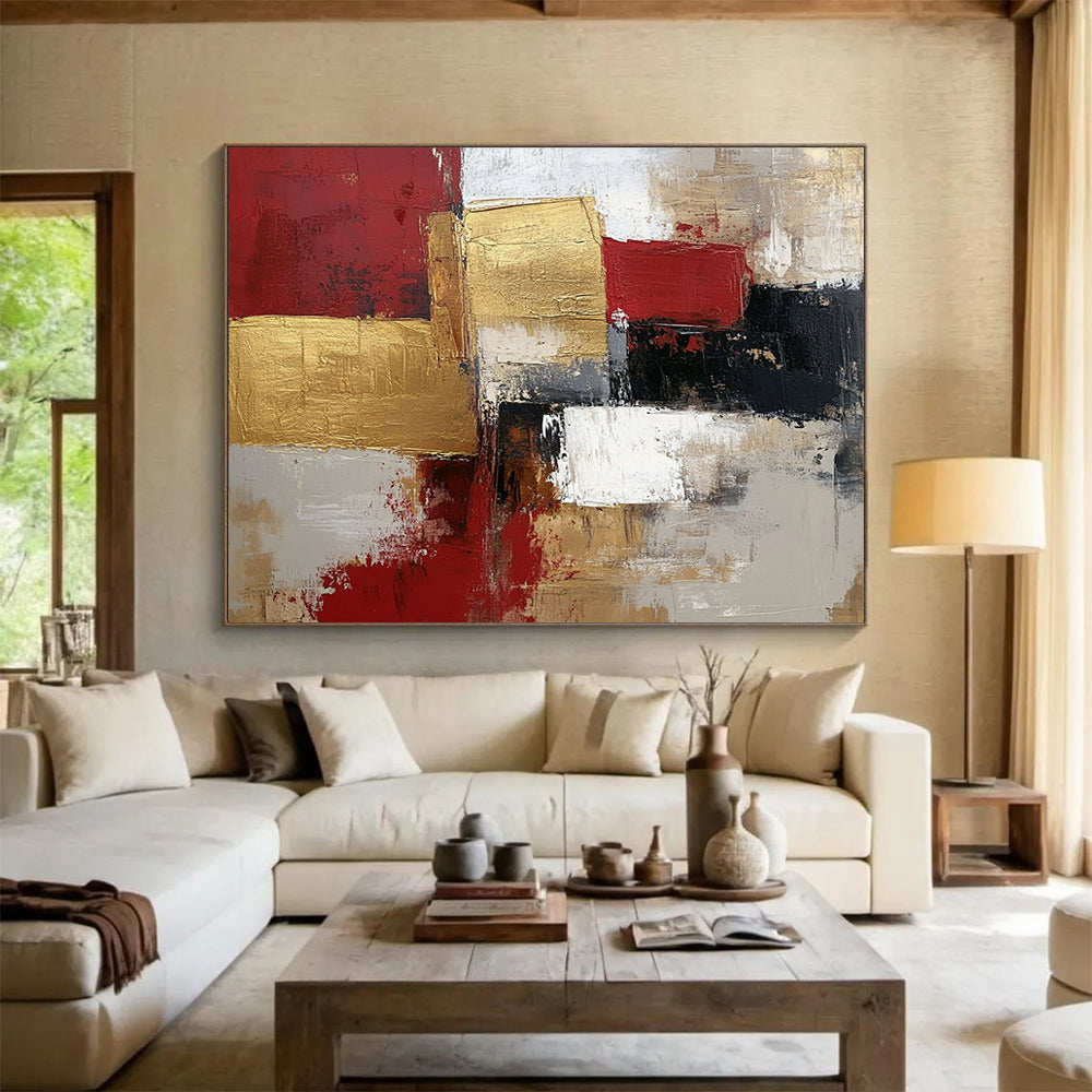 “Gilded Geometry” - Red, Gold, Gray, Textured Squares - Modernist Acrylic Painting with Gold Accents HB1541