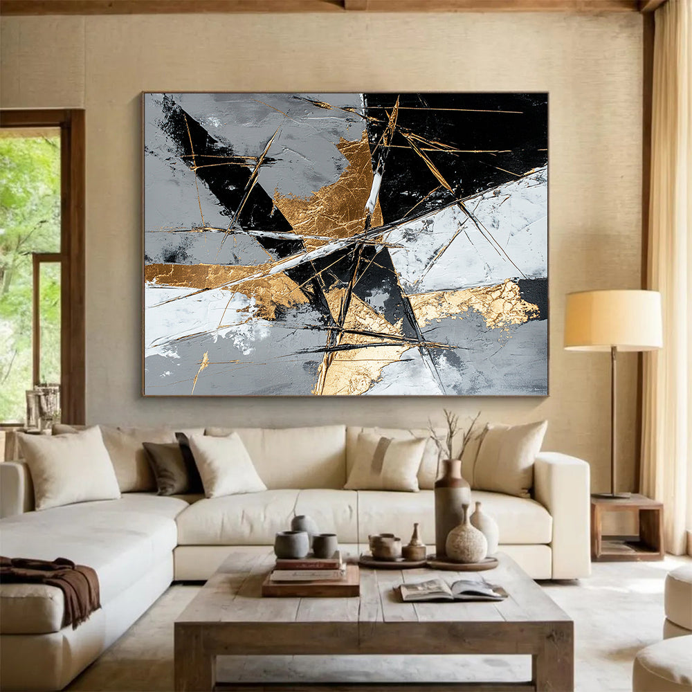 Gray, Black, White, Gold, Geometric Shards "Golden Fragment" Abstract Modernist Painting On Canvas HB073