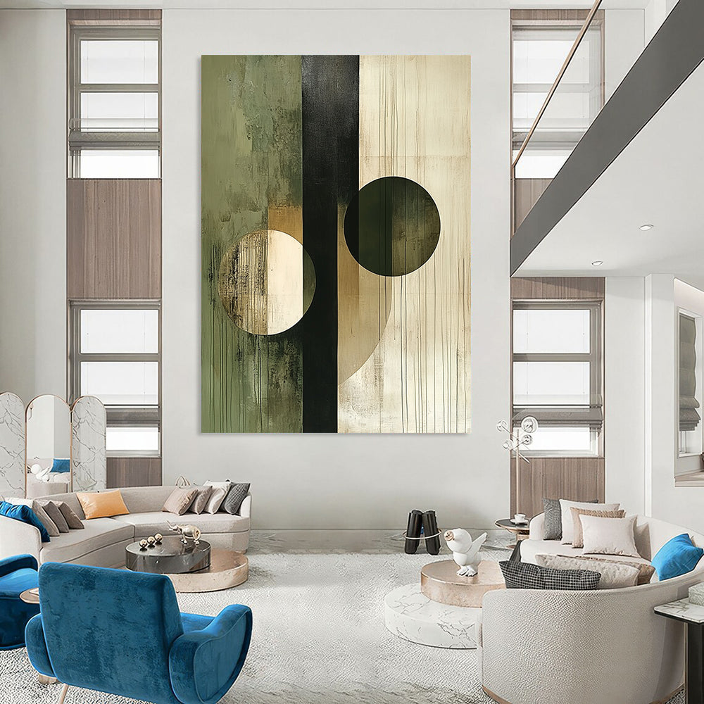 Contemporary abstract artwork featuring circles and lines in beige olive green white and black showcasing deconstructed geometric elements on canvas texture. DLZ0375