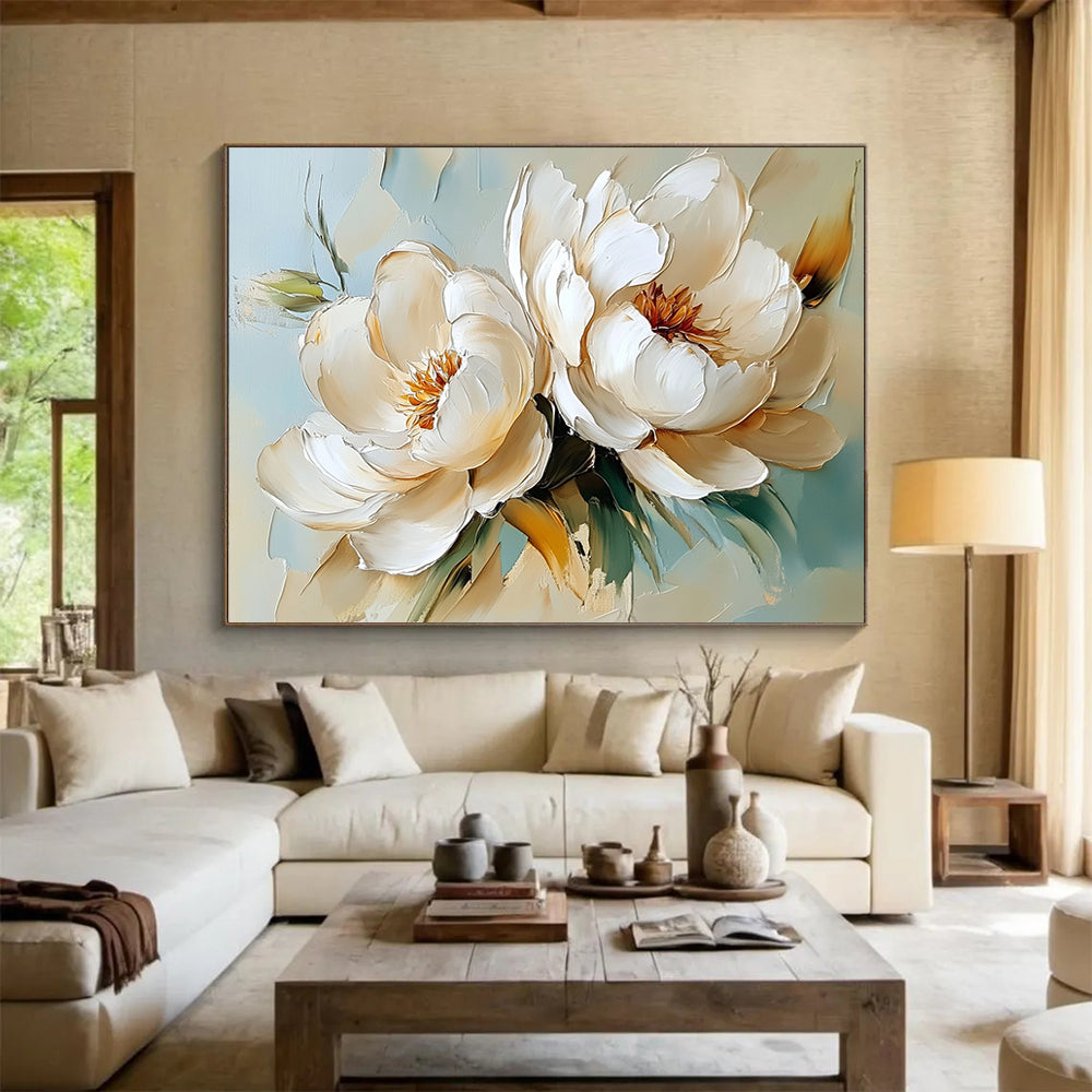 “Cream - colored Peonies on Light Blue” - Cream, Light Blue, White, Cream - colored peonies on light blue - Impasto Oil Painting HB1789