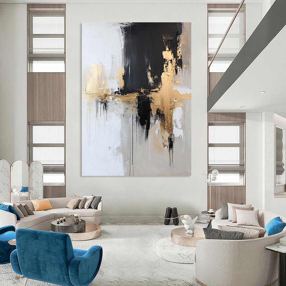 Contemporary hand-painted abstract artwork in neutral tones with gold accents, blending black and white elements for a striking visual impact. DLZ0518
