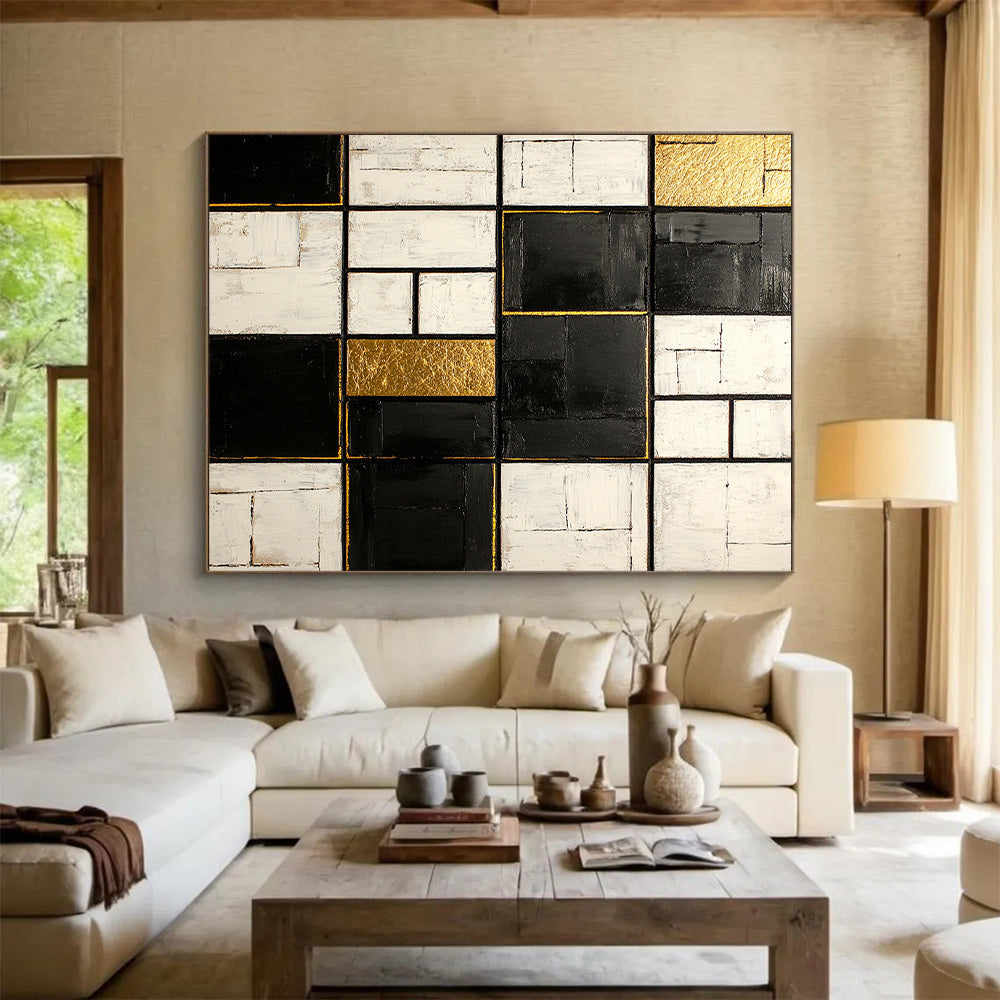 Black, White, Gold, Patchwork Squares "Gilded Mosaic" Abstract Neo - Platicist Painting On Canvas HB147