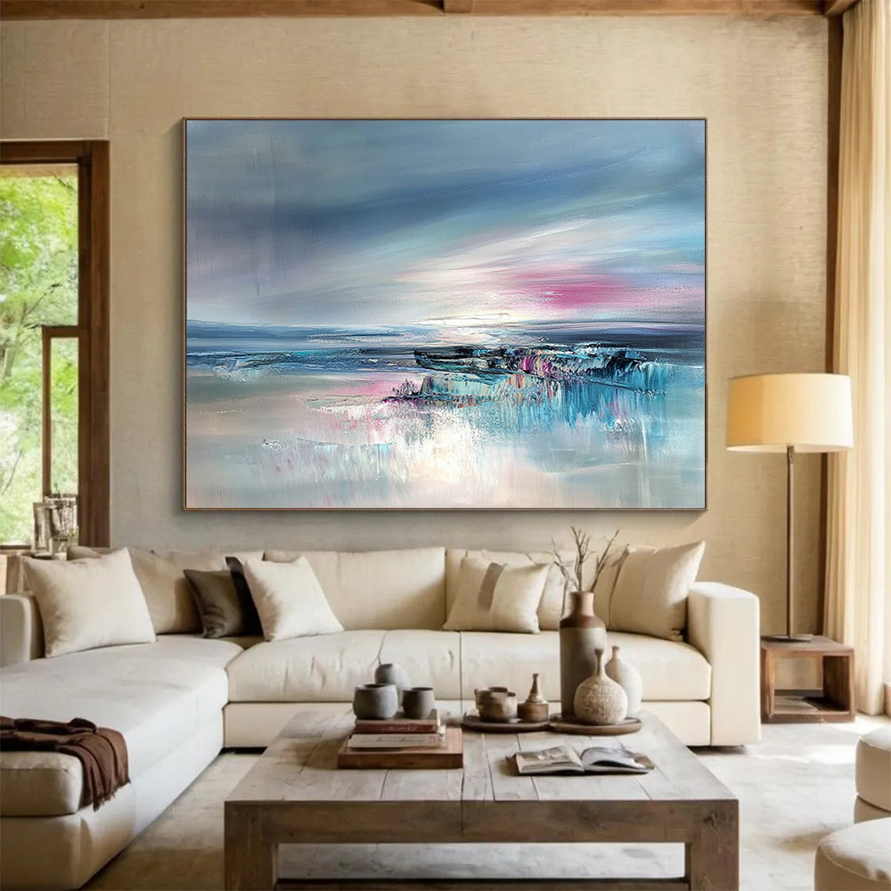 “Abstract Seaside Blush” - Blue, Pink, Gray, Dreamy Coastal Horizon Painting On Canvas HB1031