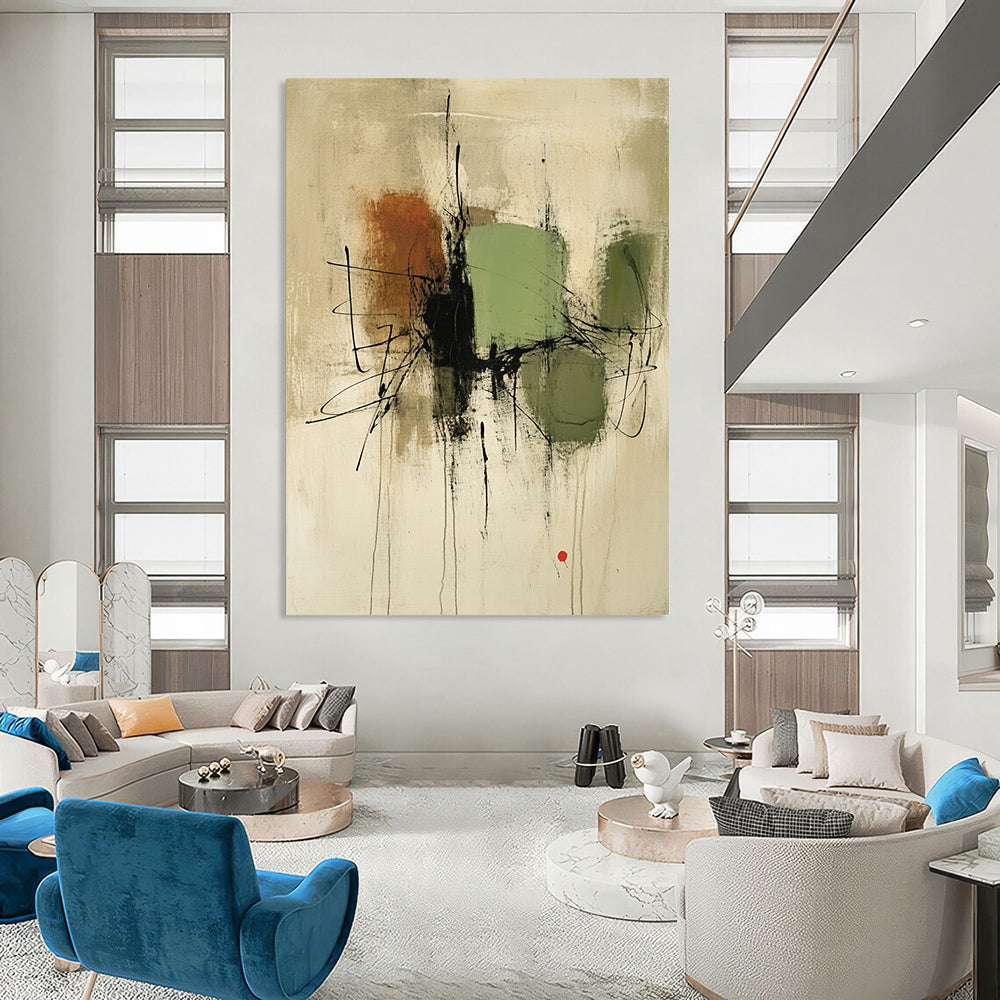 Large contemporary hand-painted abstract artwork featuring green and brown shapes on a beige background with black lines and a small red accent. DLZ1333