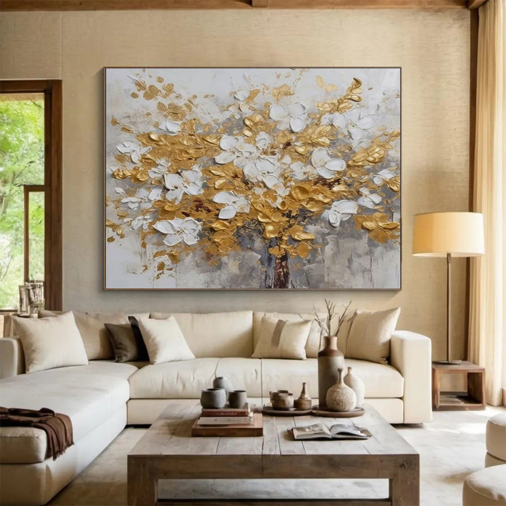 Gold & White Flower Tree - Elegant Living Room or Bedroom Art DLZ246