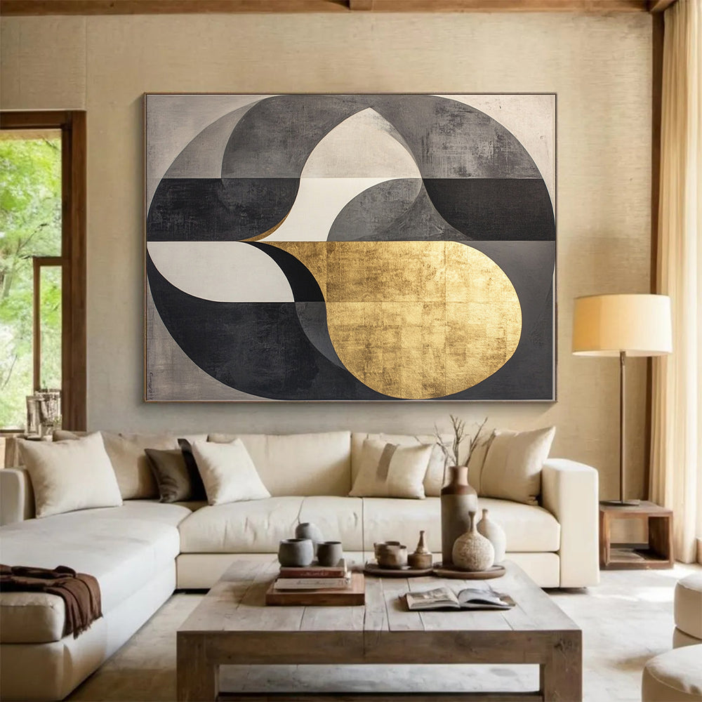 Black, Gray, White, Gold, Intertwined Circles "Gilded Unity" Abstract Cubist - Inspired Painting On Canvas HB117