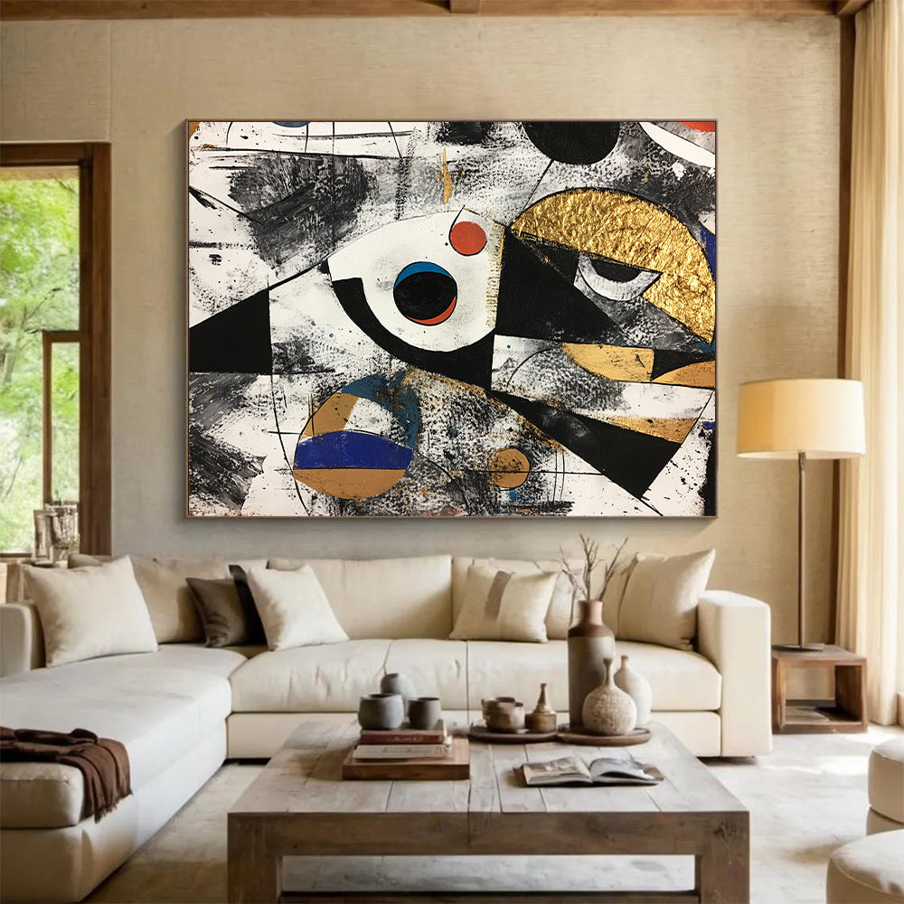 Black, White, Gold, Red and Blue Geometric Abstraction "Cosmic Collision" Painting On Canvas HB323