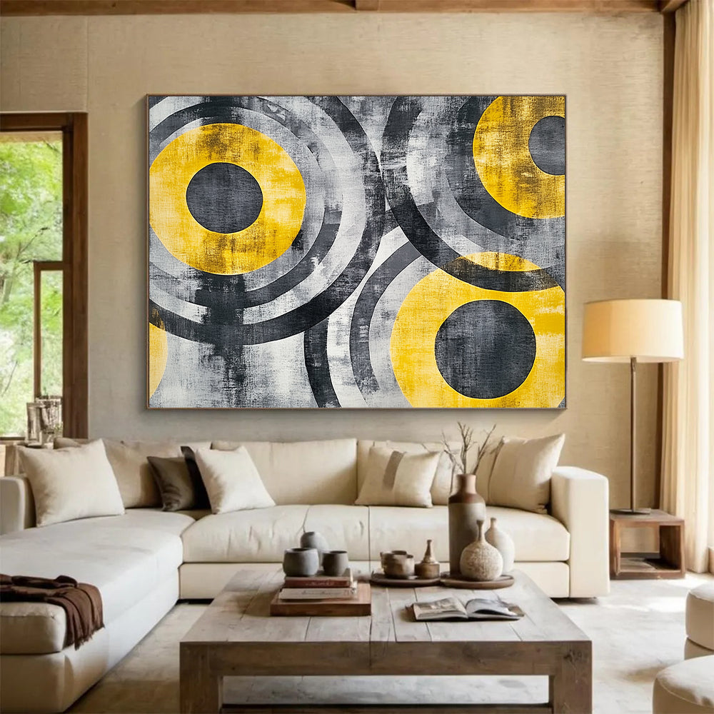 Gray, Black, Yellow and White Abstract Circles "Energetic Orbits" Painting On Canvas HB380