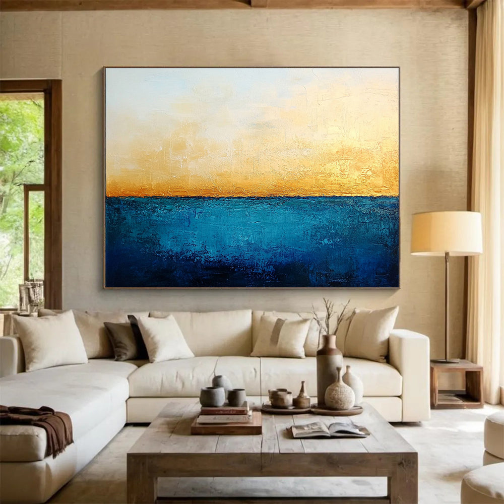 “Golden Horizon” - Blue, Gold, White, Minimalist Abstract Seascape Painting On Canvas HB1067