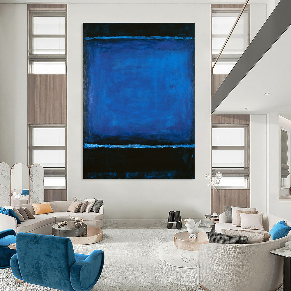 Contemporary hand-painted abstract artwork featuring deep blue and black hues inviting emotional reflection and creating an atmospheric meditative experience. DLZ1593