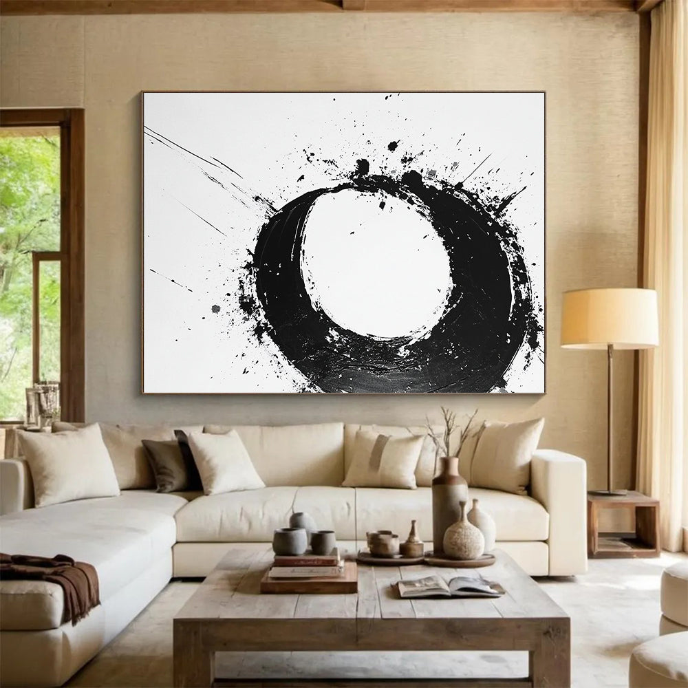 Black Splattered Circular Ink - “Expressive Enso Mark” Painting On Canvas HB232