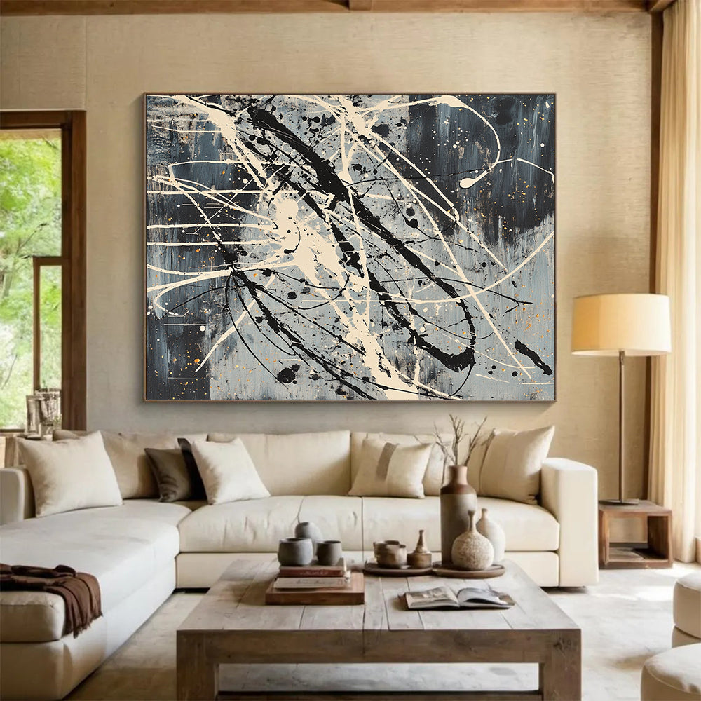 Gray, Black, White, Gold, Elaborate Drizzles "Cosmic Tangle" Abstract Pollock - Inspired Painting On Canvas HB055