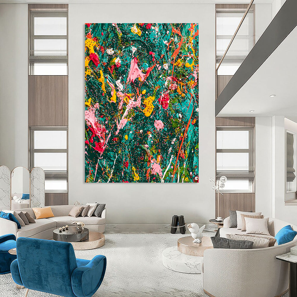 Vibrant abstract expressionist painting on teal canvas showcasing chaotic splattered paint and glitter with rich colors and dynamic brushwork in a jungle-green background. DLZ1178
