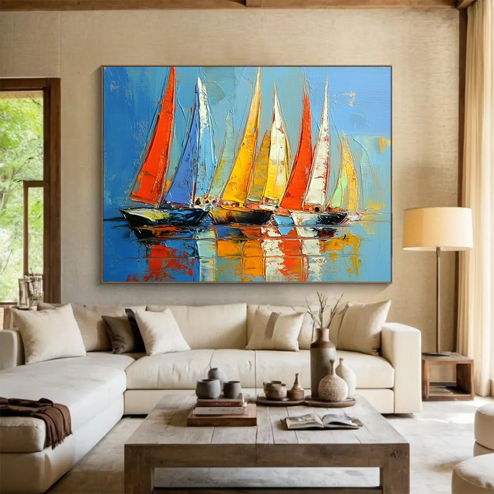 “Vibrant Regatta” - Red, blue, yellow; Colorful sailboats racing on bright water; Palette Knife Oil Painting On Canvas HB1167