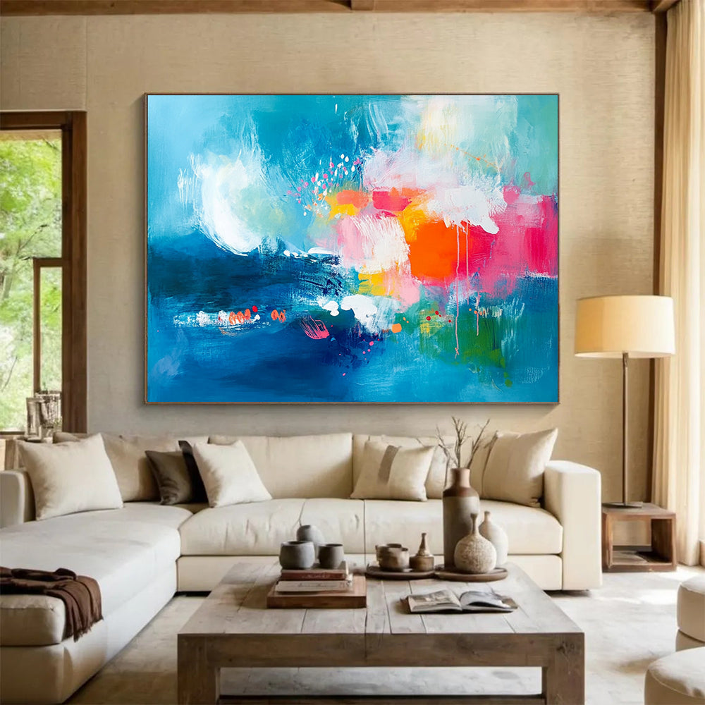 “Colorful Blue - Based Abstract” - Blue, Pink, Orange, Green with Splashes - Painting On Canvas HB1378