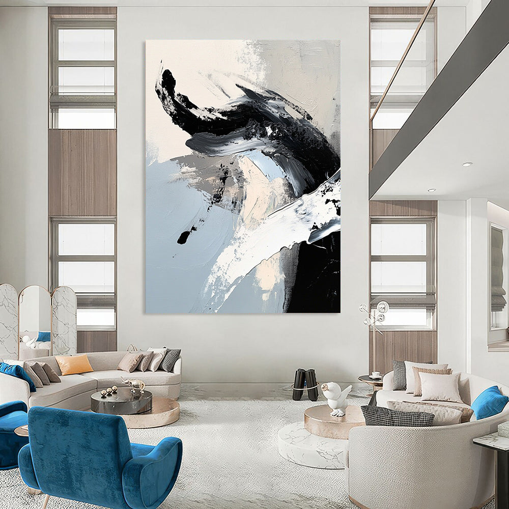 Contemporary abstract painting features striking black and white brushstrokes with a dragon-like shape in ink-like detail, embodying minimalistic expressionism. DLZ0736