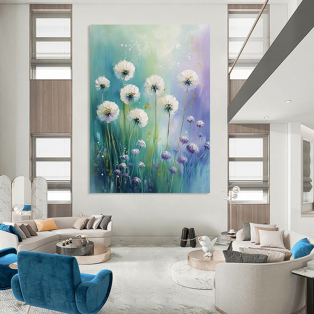 Contemporary abstract painting featuring white flowers, dandelions, and alliums in pastel hues against a green blue purple sky with gold accents. DLZ0821