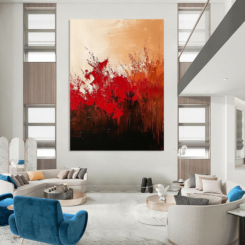 Contemporary hand-painted abstract artwork featuring red and brown hues against a textured beige background with elegant brushwork and depth. DLZ0991