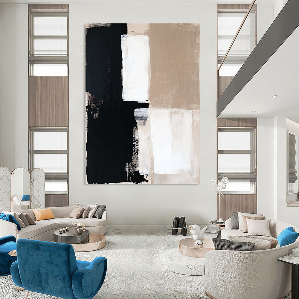 Contemporary hand-painted abstract artwork in beige and black tones, featuring white squares on a clean white background, perfect for modern decor. DLZ0694