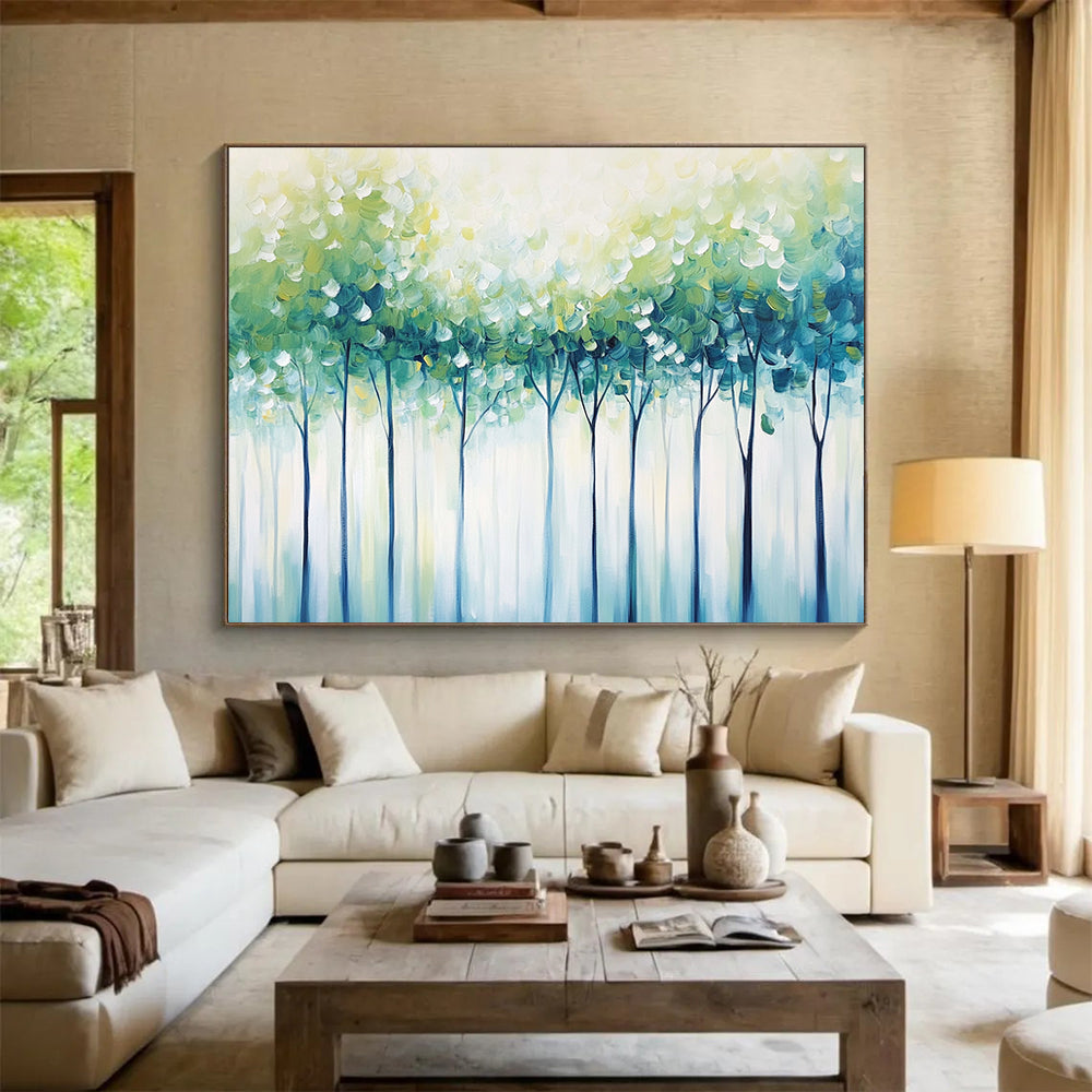 “Soft Green Tree Canopy” - Green, Blue, Dreamy Tree Landscape Painting On Canvas HB0882