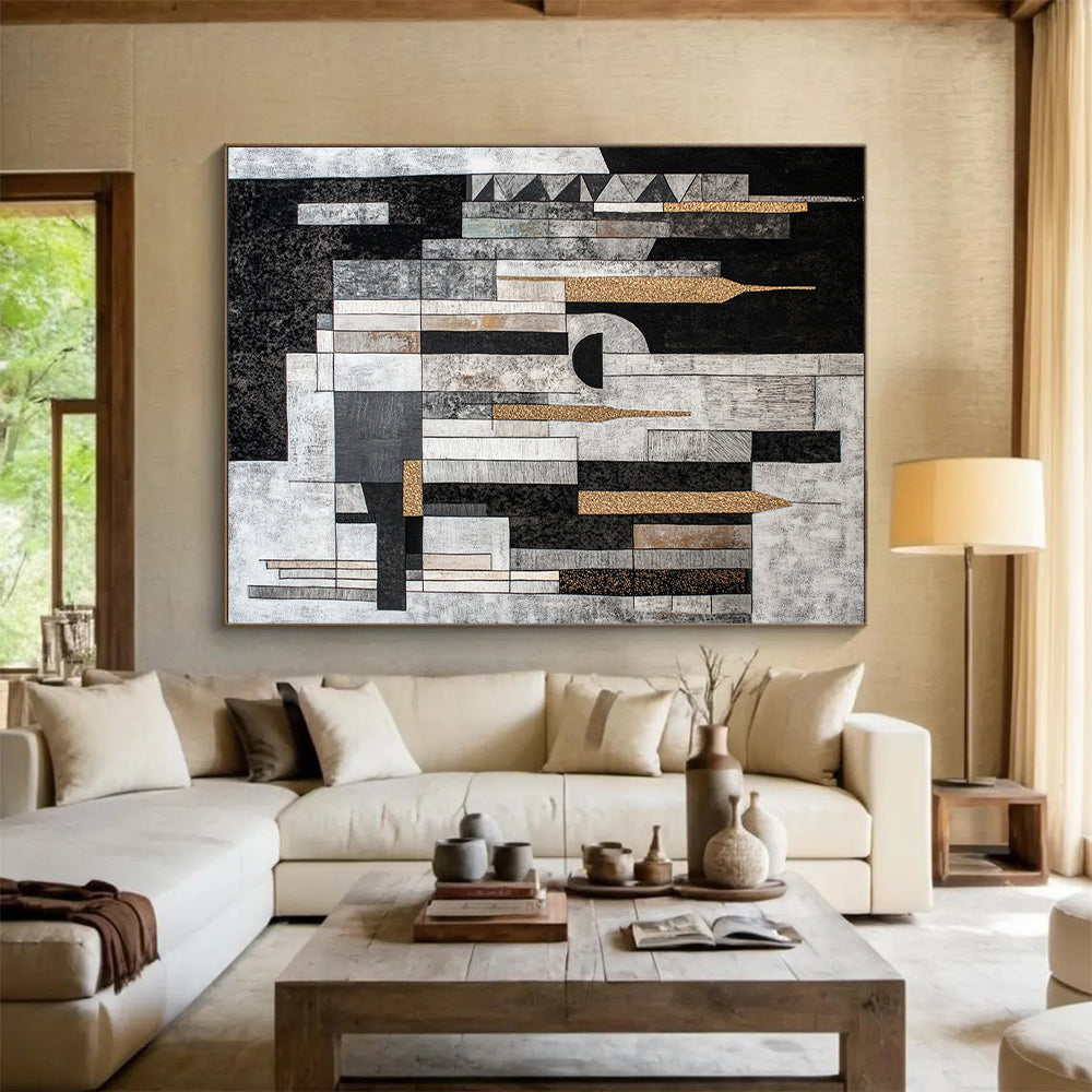 Black, Gray, Beige and Gold Abstract Cityscape "Urban Mosaic" Painting On Canvas HB317
