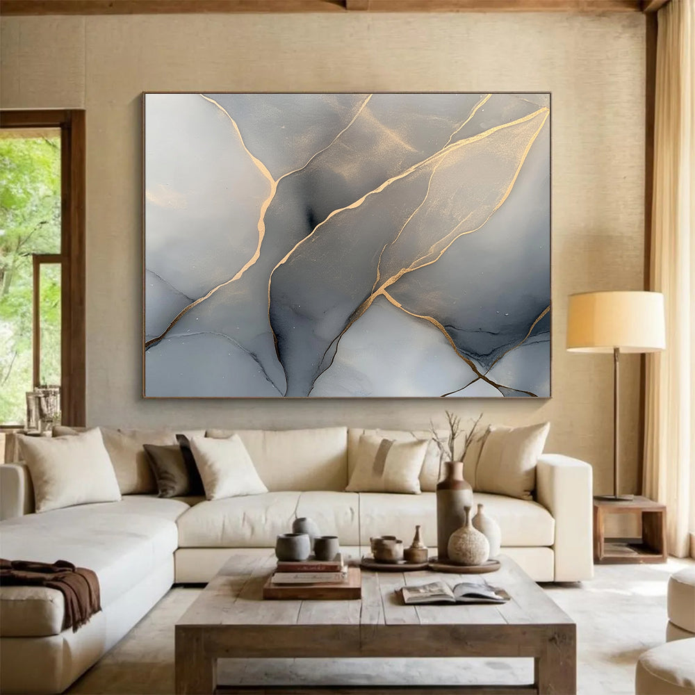 Gray, Gold, Veined Patterns "Marble Majesty" Abstract Painting On Canvas HB040