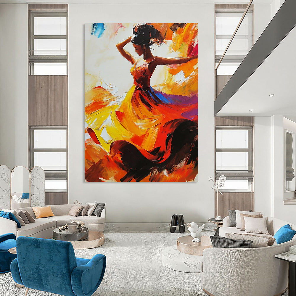 Contemporary abstract painting featuring a flamenco dancer in dynamic motion with a vibrant dress in red yellow and orange shades. DLZ1676
