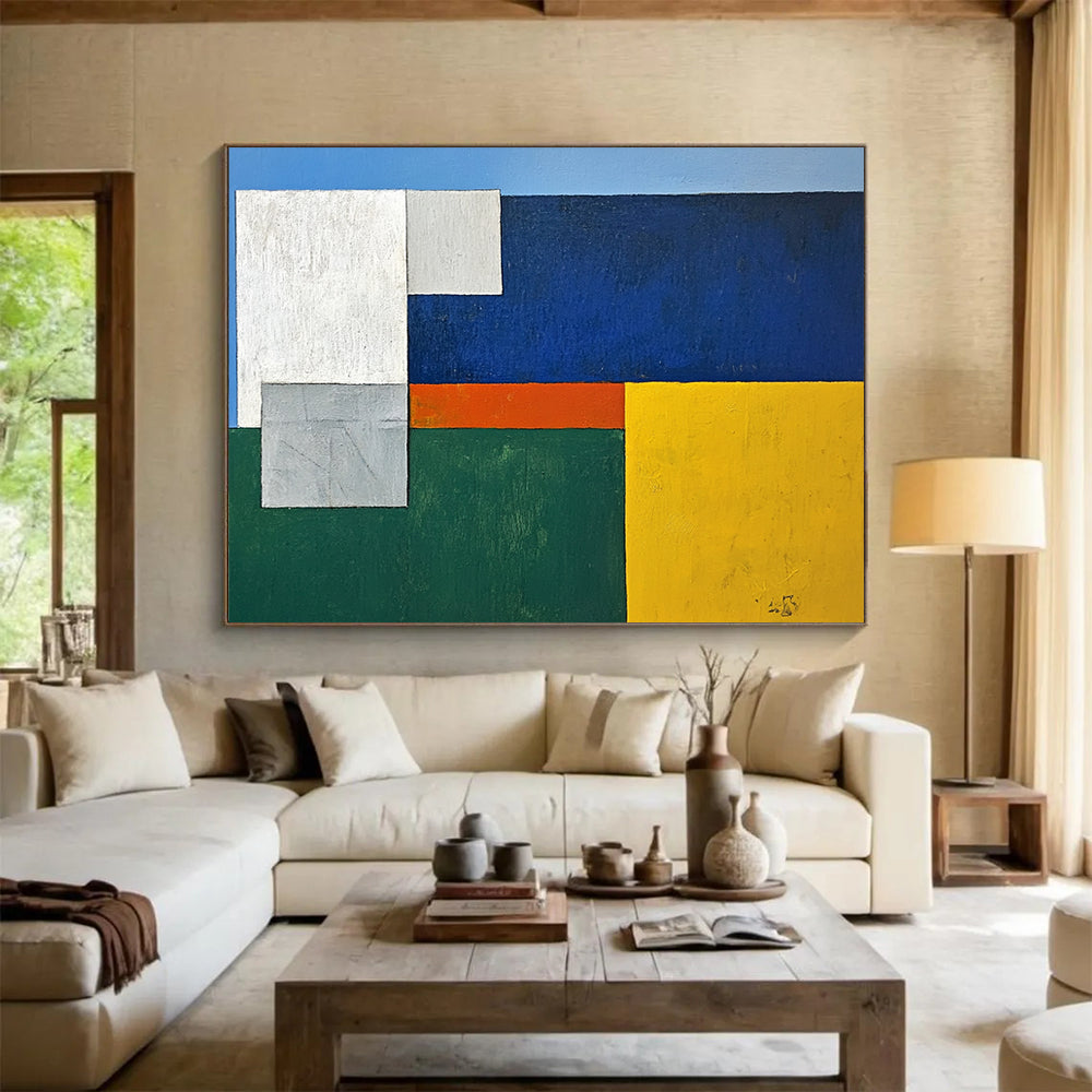 “Geometric Harmony” - Blue, White, Gray, Orange, Green, Color - Blocked Squares Painting On Canvas HB1050