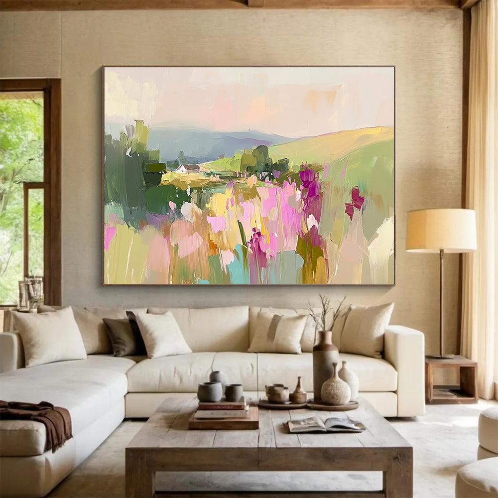 “Pastel Landscape with Flowers” - Pastel Palette, Floral Countryside Painting On Canvas HB0892
