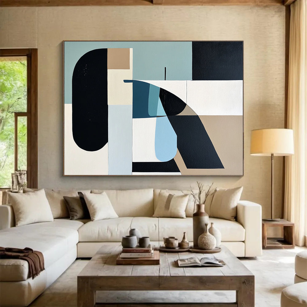 “Pastel Geometric Shapes” - Blue, Beige, Black, Abstract Forms - Mid - Century Acrylic Painting HB1492