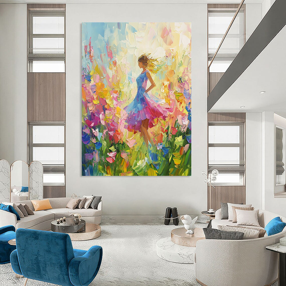 Vibrant contemporary abstract painting featuring colorful wildflowers with a palette knife technique against a soft-hued background. Perfect for brightening any space. DLZ1570