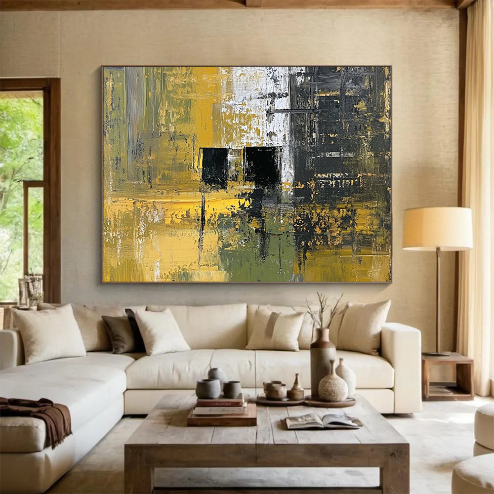 “Industrial Yellow - Green Abstract” - Yellow, Green, Black with Geometric Shapes - Painting On Canvas HB1397