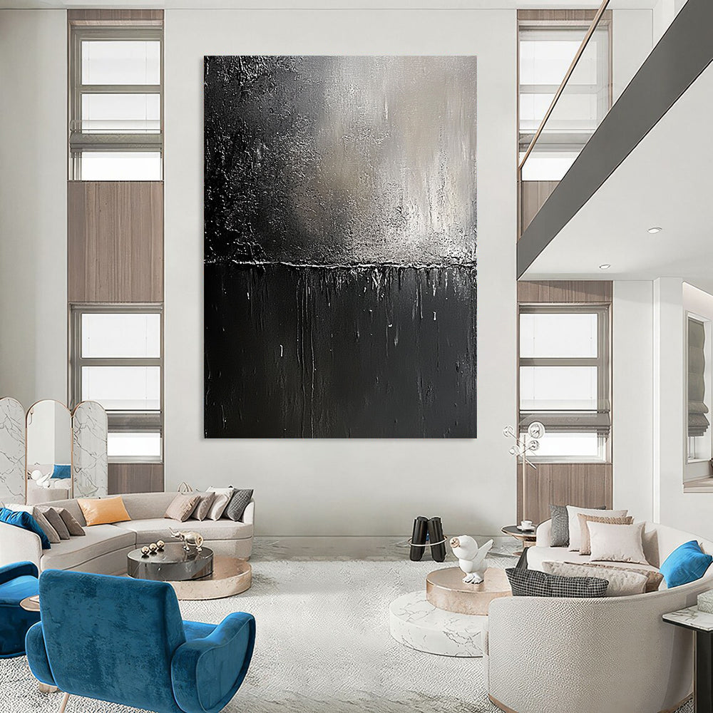 Contemporary abstract painting featuring black and gray metallic textures with visible brush strokes and a hint of light symbolizing hope and renewal. DLZ0319
