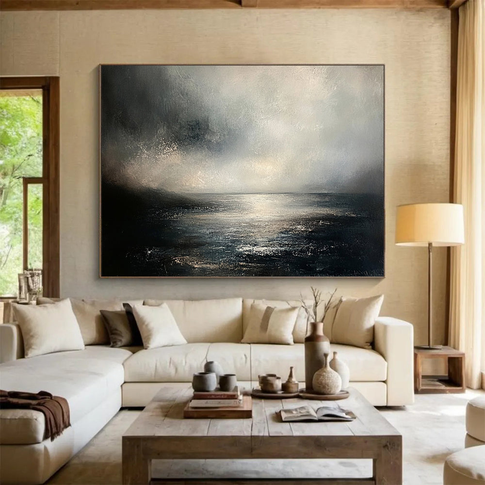 “Moody Sea Landscape” - Gray, Black, White, Atmospheric Seascape Painting On Canvas HB1001