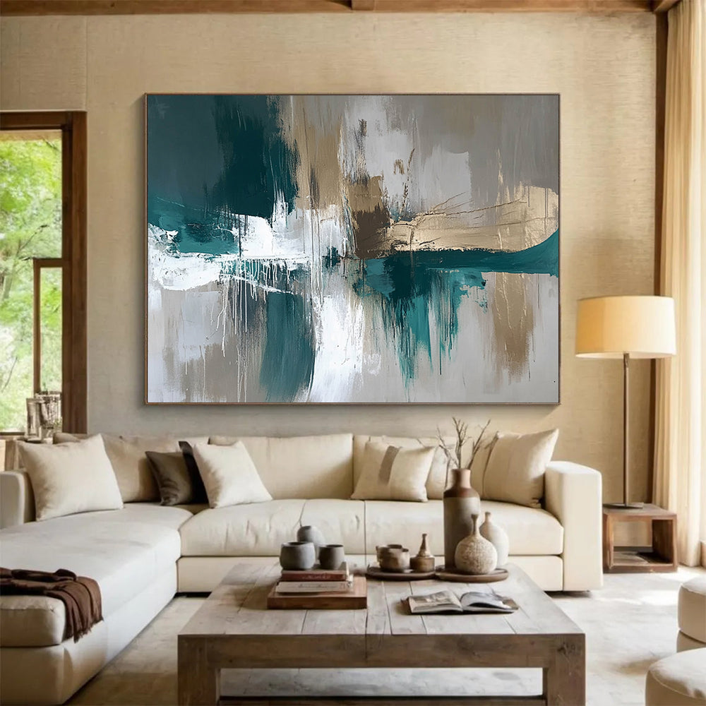 “Teal and Gold Abstract Drip” - Teal, gray, white, gold; Abstract with drip effects and gold accents; Acrylic Painting On Canvas HB1259