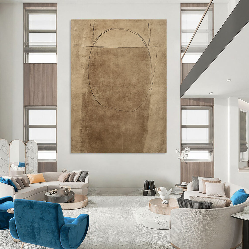 Contemporary hand-drawn abstract artwork showcasing a simplistic figure design with soft curves and a warm brown background. DLZ1469