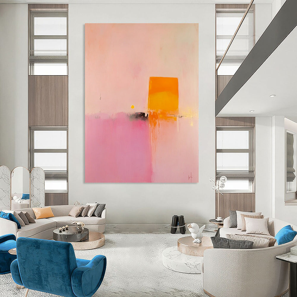 Contemporary hand-painted abstract art featuring soft pink and orange hues with a central yellow geometric shape creating a serene minimalist landscape. DLZ1474