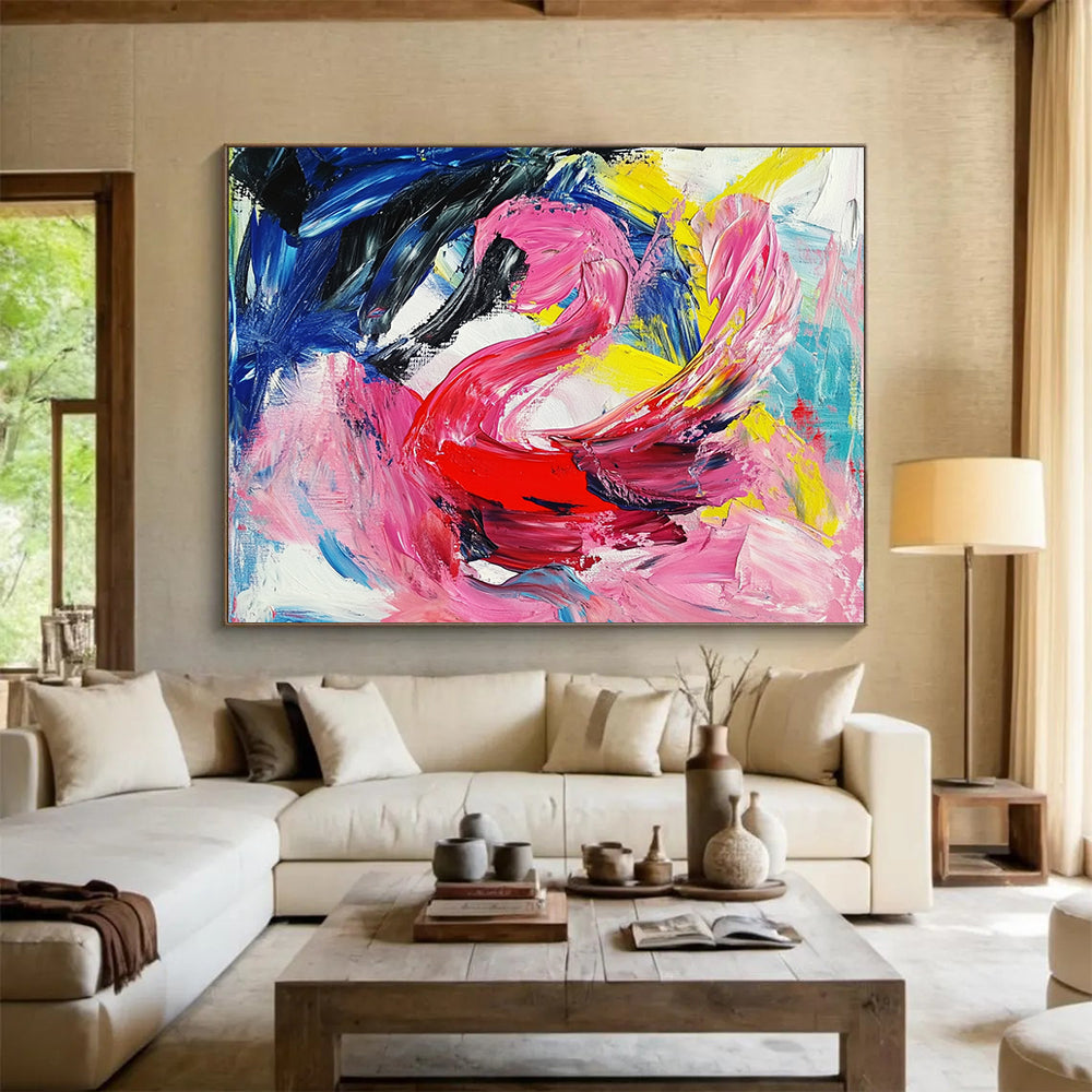 “Colorful Abstract Swan in Pink, Red, Blue, and Yellow” - Pink, red, blue, yellow; Abstract swan with colorful brushstrokes; Acrylic Painting On Canvas HB1234