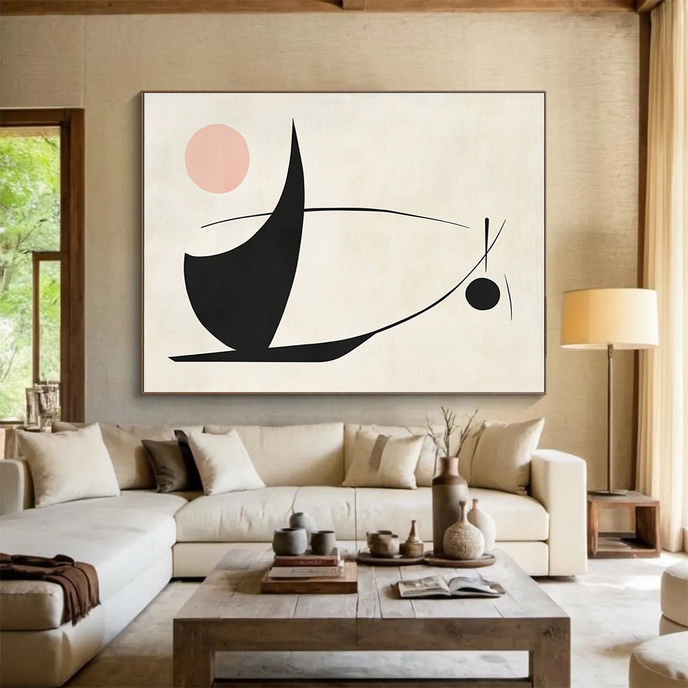 “Abstract Black - Pink Shapes” - Black, pink, and curved lines, Abstract Geometric Painting On Canvas HB0548