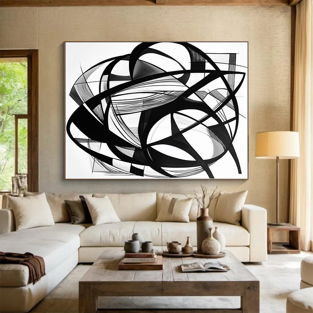 Black Intertwined Lines & Shapes - “Complex Ink Geometry” Painting On Canvas HB240
