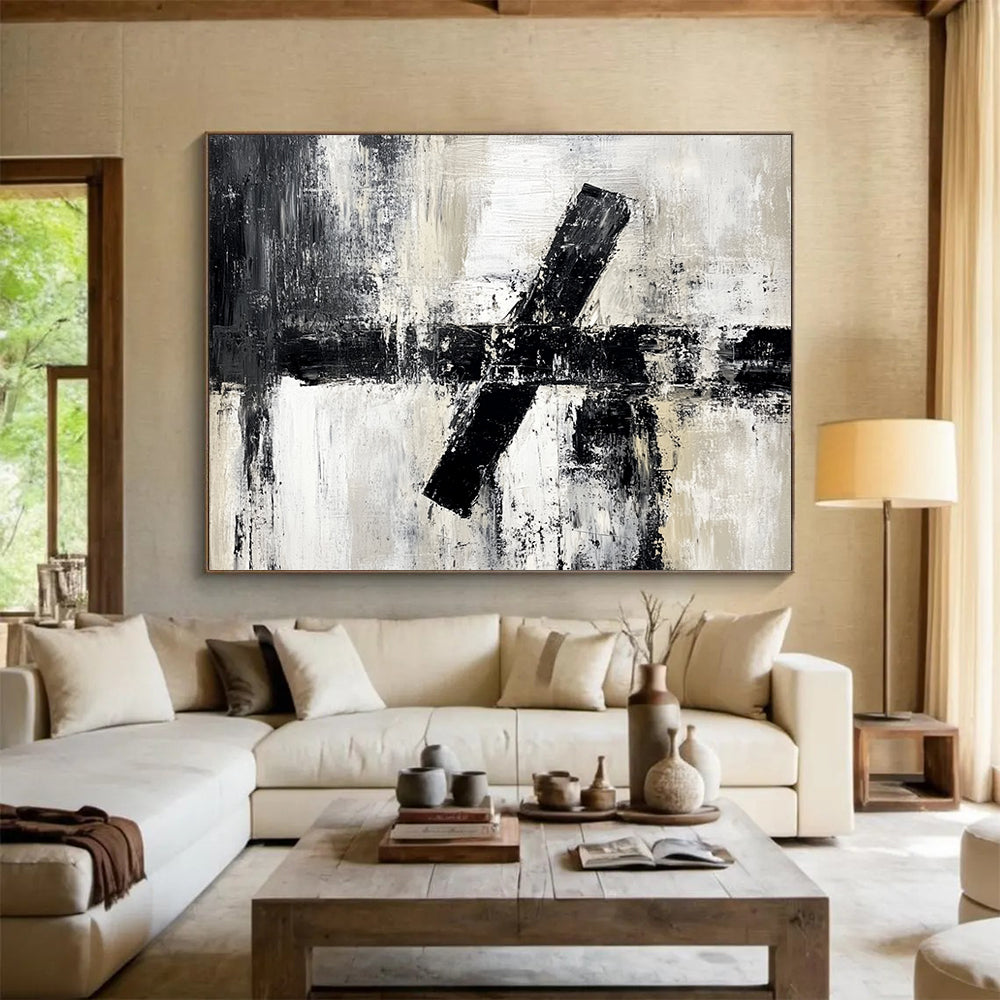 “Textured Black - White Cross Abstraction” - Black, White, Gray, Textured Crosses Painting On Canvas HB0803