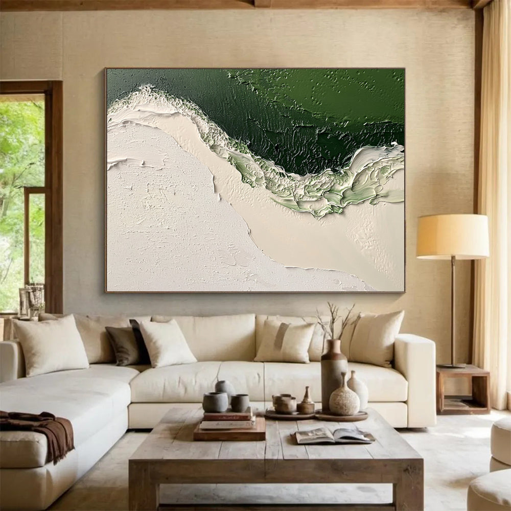 “Textured Green and White Abstract” - Green, White, Thick Textures Painting On Canvas HB0890