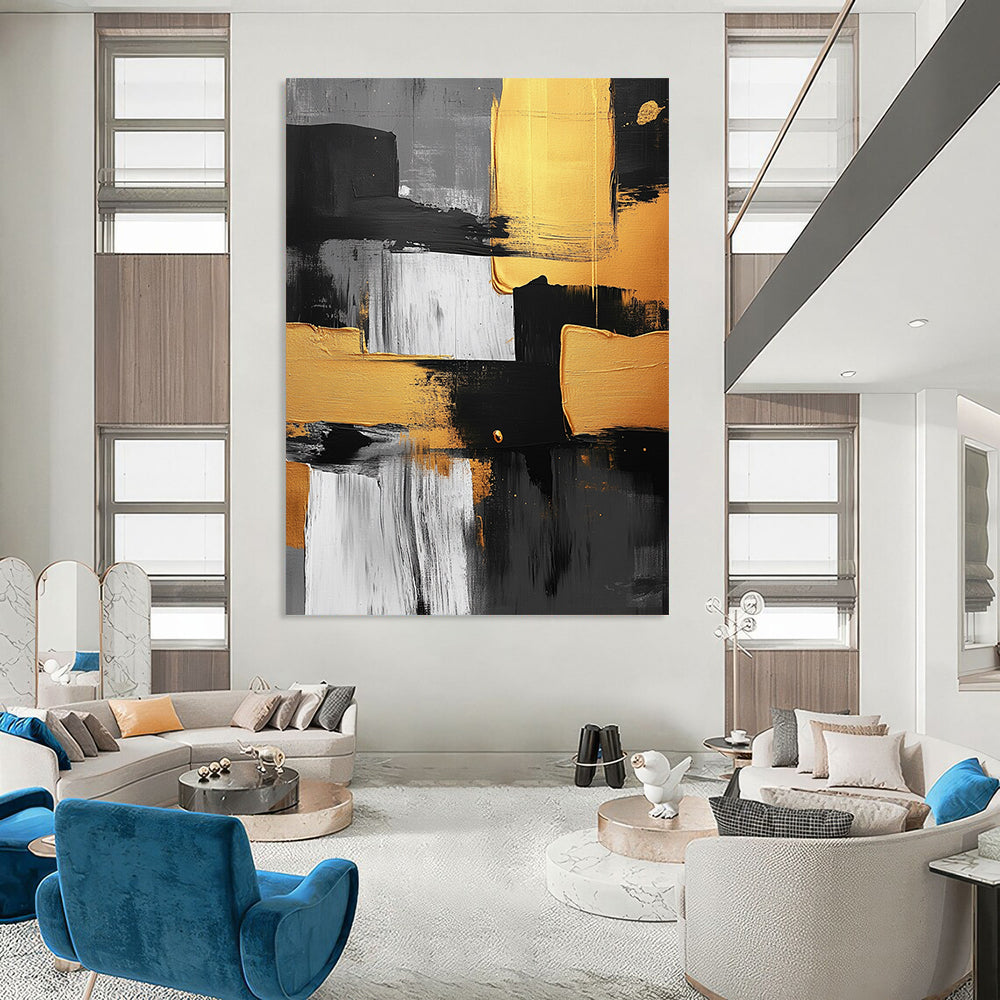 Contemporary abstract artwork featuring black white and yellow brush strokes with gold accents on a textured gray background and geometric shapes. DLZ1560